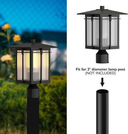 Modern Outdoor Post Light, Aluminum Lamp Post Light Fixture with Ribbed Glass, Soptted Black Outside Pole Lighting with 3-Inch Pier Mount Base for Yard Porch Pathway (15.8''H, 1 pc)
