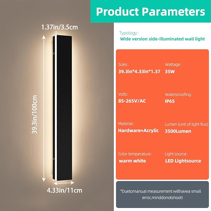 Upgrade Widened 2 Pack Modern Outdoor Wall Lights, 39.3inch Long Linear LED Wall Sconce, 3000K Warm White, IP65 Waterproof, 36W, Minimalist Black Exterior Lamp Fixture for Porch, Garden, Balcony