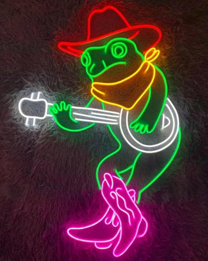 Cowboy Frog Playing Guitar Neon Sign, Frog Led Sign, Cowboy Frog Led Light, Frog Playing Guitar Neon Light, Bar Club Room Wall Art Decor Size:23inches