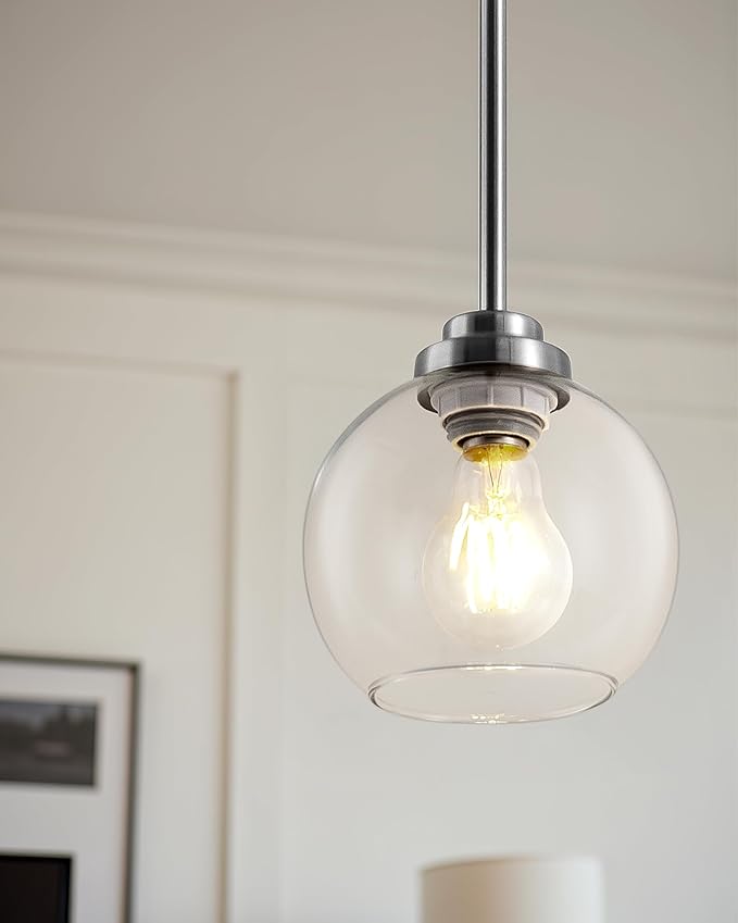 Globe Pendant Light Fixtures, Indoor Brushed Nickel Hanging Ceiling Lights with White Frosted Glass Shades, Adjustable Light for Kitchen Island Bedroom, 2 Pack