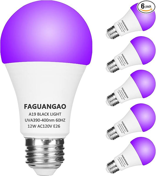 FAGUANGAO LED Black Light Bulb,12W(100Watt Equivalent) A19 UV Blacklight Bulb,120V,UVA Level 390-400nm,E26 Medium Base,Glow in The Dark for Blacklight Party,Fluorescent Poster,Neon Glow(6 Pack)