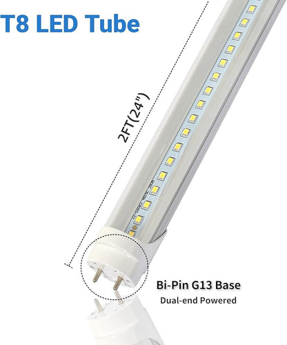 2FT T8 LED Tube Light,12W(30W Equivalent),Ballast Bypass,1560LM,Led Replacement F20T10 T20T12 Flourescent Tube,5000K, Dual Ended Power, Clear Cover(4-Pack)