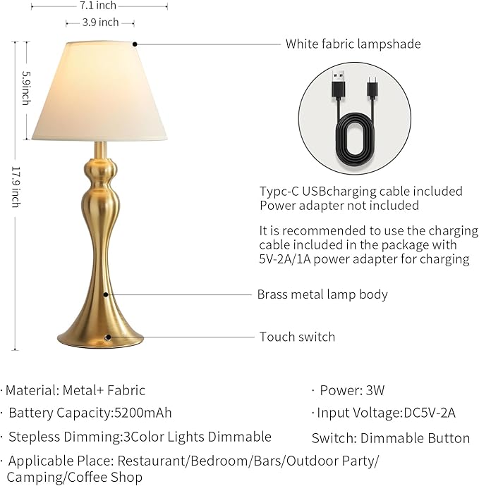 Cordless Table Lamp,Portable Fabric Shade LED Desk Lamps,5200mAh Battery Operated, 3 Color Stepless Dimming Up, for Restaurant, Bedroom,Camping,Coffee Shop,Bar,Night Light (Brass)