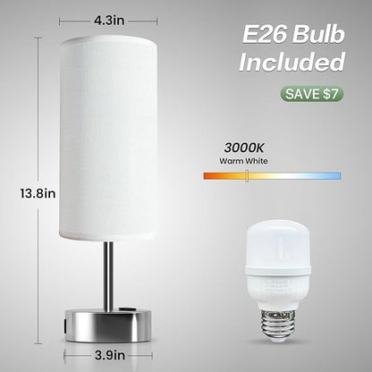 KPQ Small Bedside Lamp Touch Control Table Lamp with USB A+C Charging Ports & AC Outlet 3-Way Dimmable Nightstand Lamp with Linen Fabric Shade for Bedroom Living Room