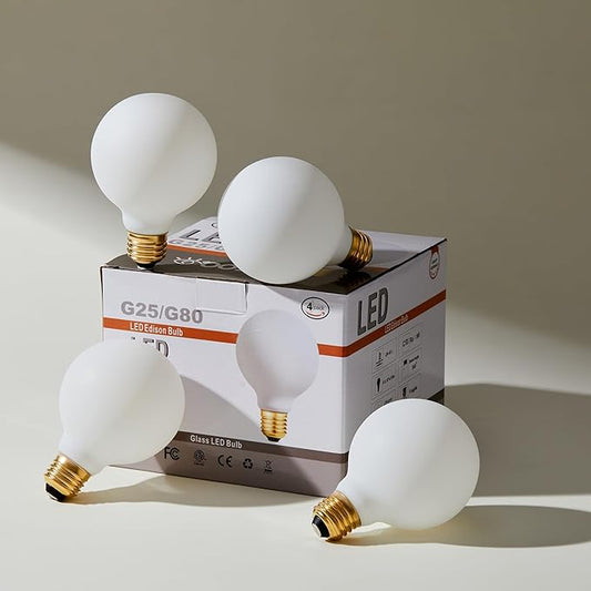 Leools Dimmable g25 led Frosted Bulb e26 led Globe Bulb 60w led Edison Bulb 4000K Daylight White 600lm ac120v 6w g80 Flick-Free Matt White led Globe Bulb for Vanity Light Bulbs 4Pack