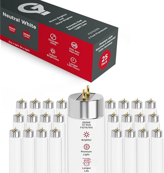 GoodBulb F32T8/835/ECO 32W 48 Inch T8 Fluorescent Light Bulb, 3500K Soft White Medium Bi-Pin Base, 3050 Lumens 86 CRI 24000 Life Hours, Instant/Programmed Start (25 Pack)