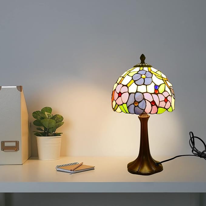 Tiffany Lamp Morning Glossy Stained Glass Table Lamp 8x8x15 Inches Flower Style Desk Reading Light Decor for Beside Bedroom Living Room Home Office