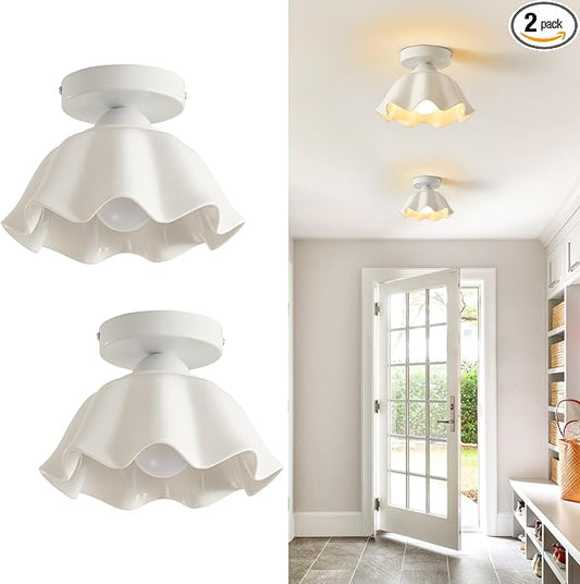 2 Pack Semi Flush Mount Ceiling Light - Flower Glaze Ceramic, White Vintage Hallway Light Fixtures, Milk Glass Ceiling Lights, Mid Century Small Light Fixture for Cottage Entryway Laundry Room Foyer