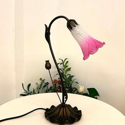 Bieye L10846 Lily Flower Blown Glass Accent Table Lamp for Living Room Bedroom Decoration (1-Light, Pink)