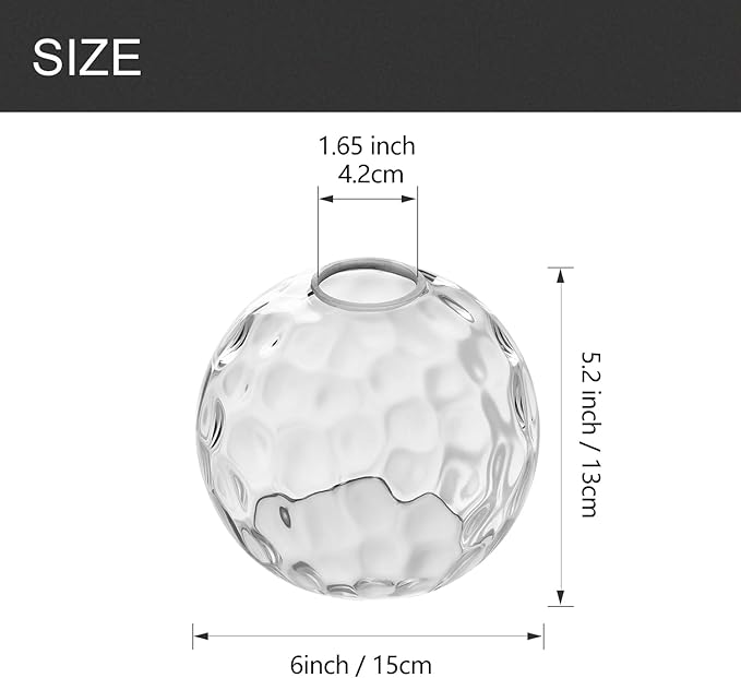 3 Pack Fixture Replacement Globe Shade, 6 Inch Diameter, E26 Base 1-5/8 Inch Fitter, Glass Globe Lampshade Cover for Pendant Wall Sconce Chandelier Vanity Light (3 Pack 6 Inch Clear Hammered Glass)