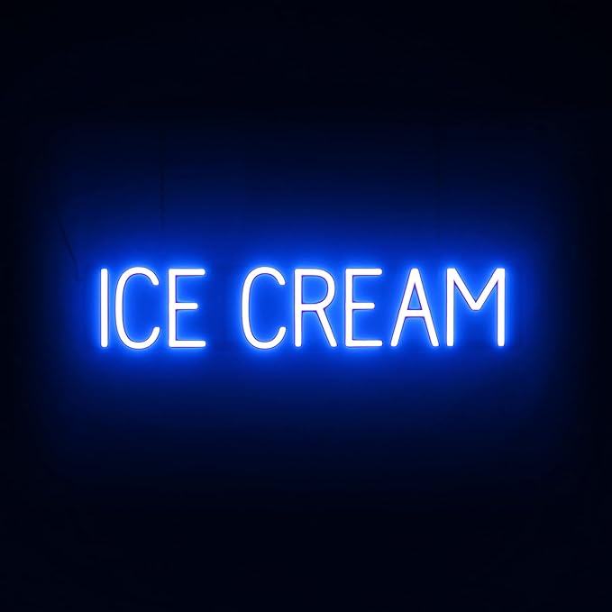 SpellBrite ICE CREAM Sign | Treat-Related Sign with Neon Look, Blue LED Light Source | 31.7" x 6.3"