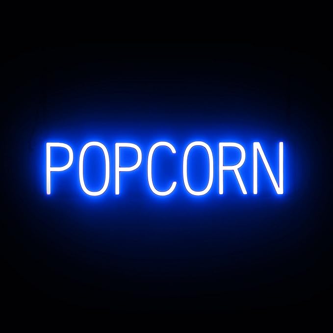 SpellBrite POPCORN Sign | Treat-Related Sign with Neon Look, Blue LED Light Source | 28.1" x 6.3"