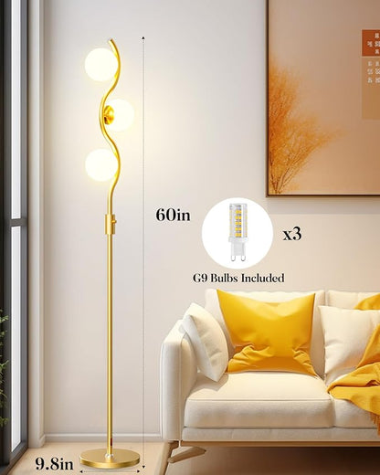 60IN Dimmable Gold Globe Floor Lamp, Modern Standing Lamps with 3 Soft Warm White 3000K Bulbs, Mid Century Floor Lamp for Living Room Bedroom Home Decor