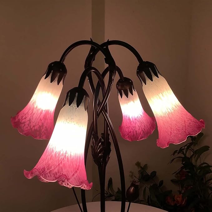 Bieye L10848 Lily Flower Blown Glass Accent Table Lamp for Living Room Bedroom Decoration (4-Light, Pink)