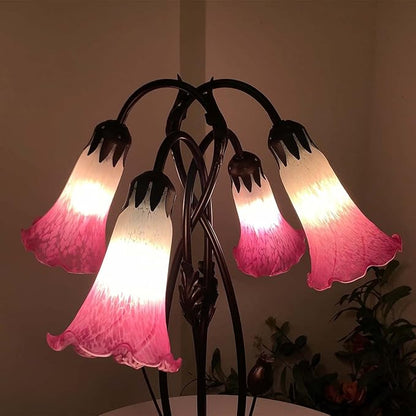 Bieye L10848 Lily Flower Blown Glass Accent Table Lamp for Living Room Bedroom Decoration (4-Light, Pink)