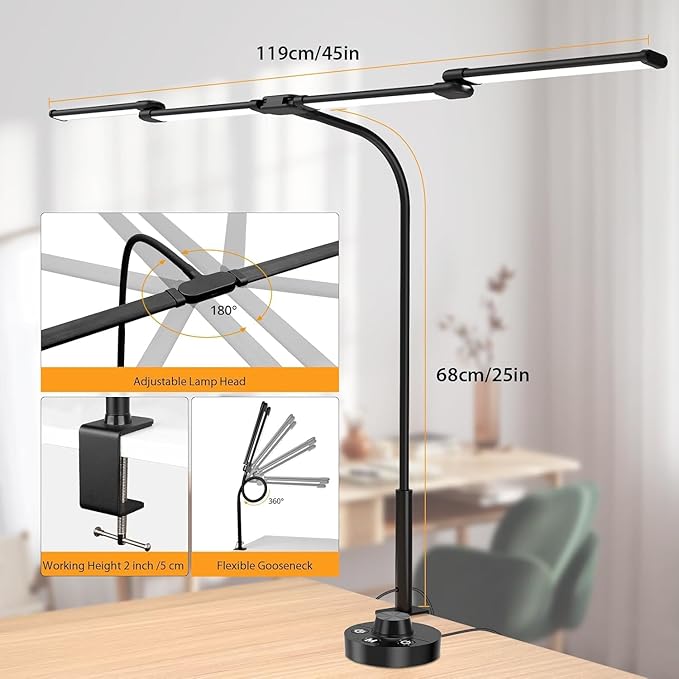 Desk Lamp, Clamp Desks Lamps for Home Office, 24W Flexible Gooseneck Table Lamp, 10 Color Modes & Brightness Eye-Caring Desk Light w/USB Adapter (12V2A Black)