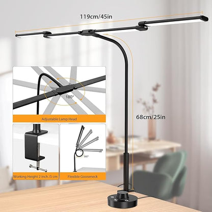 Desk Lamp, Clamp Desks Lamps for Home Office, 24W Flexible Gooseneck Table Lamp, 10 Color Modes & Brightness Eye-Caring Desk Light w/USB Adapter (12V2A Black)