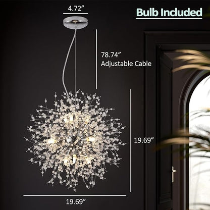Modern Dandelion Chrome Chandelier, 9 Lights Firework Crystal Chandeliers for Entryway, Sputnik Crystal Pendant Ceiling Light Fixture for Hallway, Dining Room
