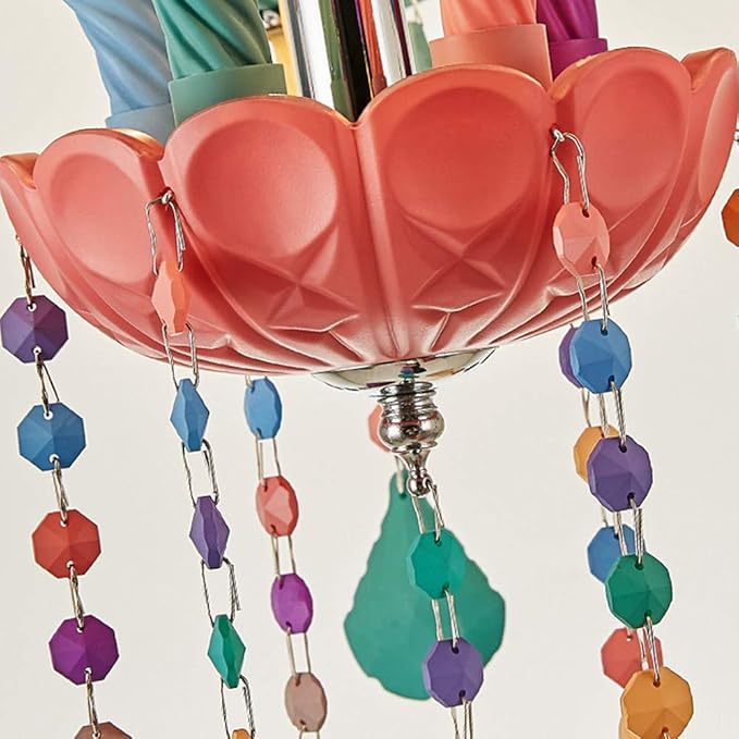 LAKIQ Colorful Crystal Hanging Chandelier Light Fixture 6 Lights European Girls Room Pendant Ceiling Lighting Candle Chandelier for Girls Bedroom Living Room Dining Room Coffee Shop (Style A)