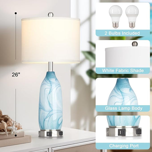 26" Coastal Glass Table Lamps Set of 2, Touch Control Bedside Lamp with USB A+C Ports and AC Outlet, Blue Lamp with Night Light for Nightstand Living Room Bedroom, 2 LED Bulbs Included