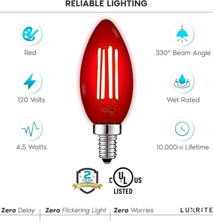 LUXRITE E12 LED Filament Red Light Bulbs, 4.5W (40W Equivalent), Colored Glass Candelabra Bulb, UL Listed, E12 Base, Indoor Outdoor, Porch, Decoration, Party, Holiday, Event, Home Lighting (4 Pack)