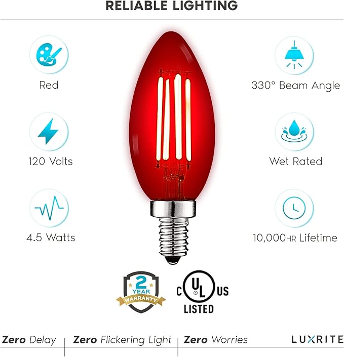 LUXRITE E12 LED Filament Red Light Bulbs, 4.5W (40W Equivalent), Colored Glass Candelabra Bulb, UL Listed, E12 Base, Indoor Outdoor, Porch, Decoration, Party, Holiday, Event, Home Lighting (3 Pack)