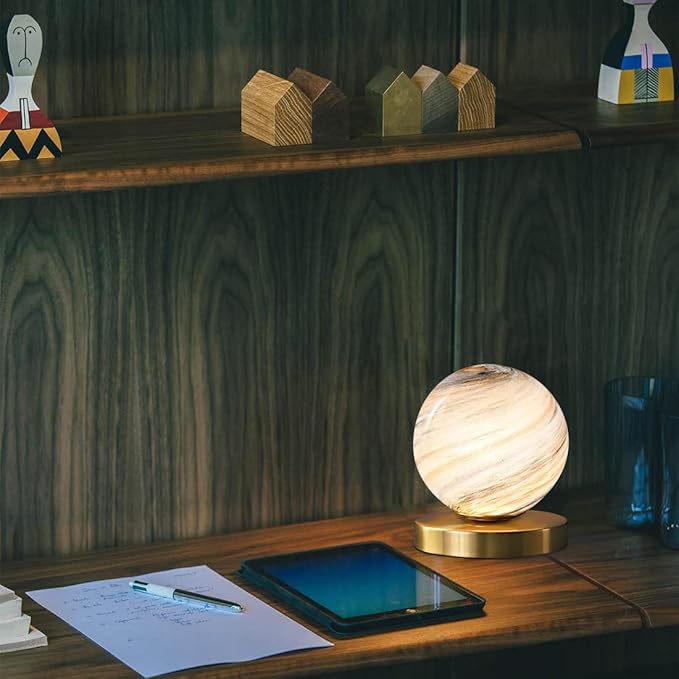 Bedside Table Lamp Gold Desk Lamp Reading Lamp with Handblown Glass Globe Shade, Plug in Table Desk Lamp for Bedroom Office Library Study Room