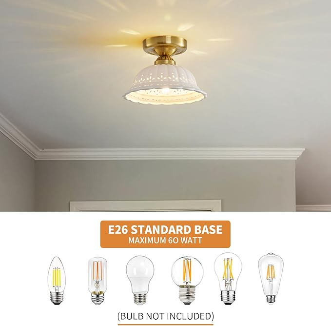 Vintage Ceramic Semi Flush Mount Ceiling Light - 2 Pack, Gold Hallway Light Fixture, Mid Century Small Close to Ceiling Lamp，Unique Flush Lighting Fixtures for Entryway Laundry Room Kitchen Cottage