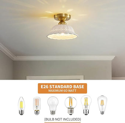 Vintage Ceramic Semi Flush Mount Ceiling Light - 2 Pack, Gold Hallway Light Fixture, Mid Century Small Close to Ceiling Lamp，Unique Flush Lighting Fixtures for Entryway Laundry Room Kitchen Cottage