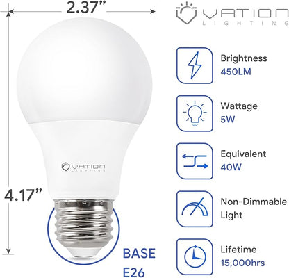 24 Pack A19 LED Light Bulb, 40 Watt Equivalent, Efficient 5Watt, 450 Lumens, Daylight 5000K, E26 Medium Base, Non-Dimmable, ETL/UL Listed