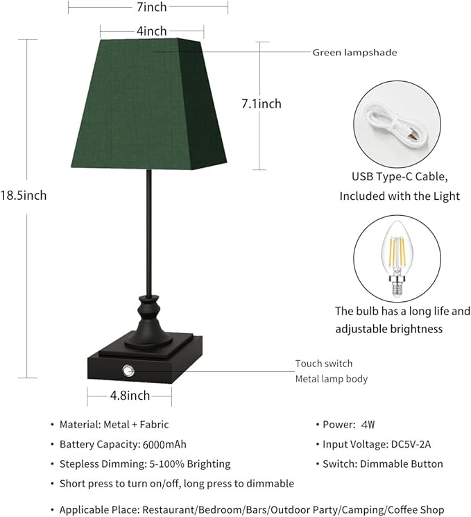 Rechargeable LED Table Lamps with Stepless Touch Control,Black Cordless Lamp for Living Room&Bedside&Patio&Shower,Small Desk Lamp(6000mAH Battery),2 Pack for Home Decor,Best Gifts for Family