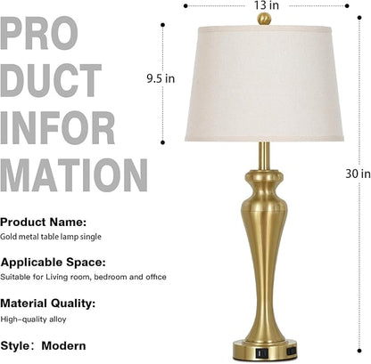 30 Inch Gold Single Table Lamp, 3-Way Dimmable Touch Control Bedside Lamps with USB A+C Ports and AC Outlet, Metal Brass Bedroom Lamps for Night stand, Modern Tall Lamp for Living room end table