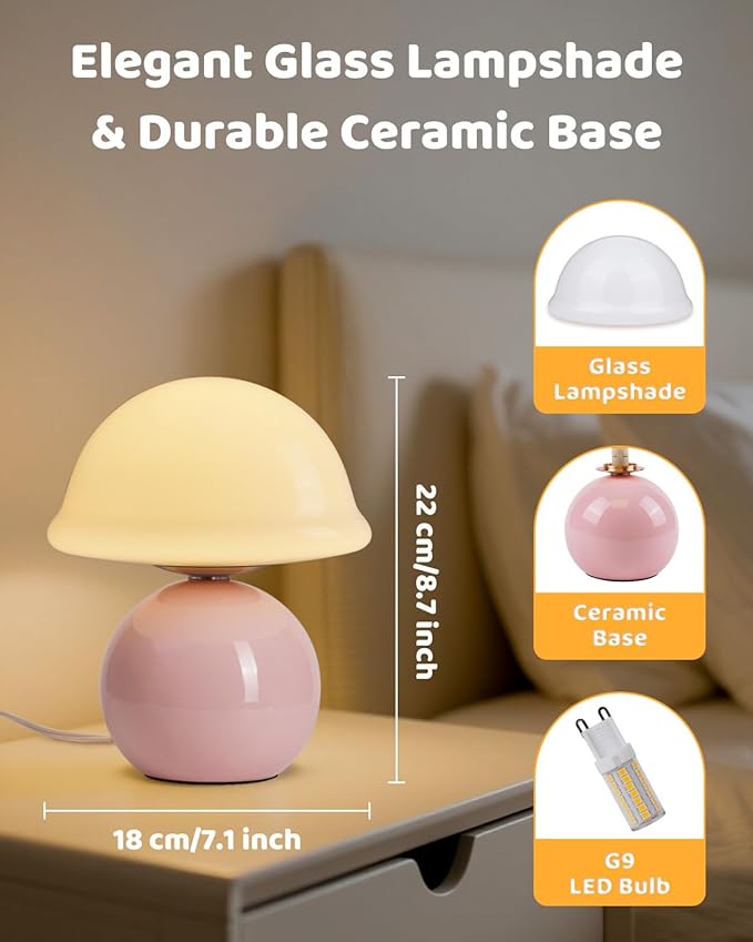 Mushroom Table Lamp for Bedroom, Cozy Bedside Lamp with Glass Shade, Stepless Dimmable Nightstand Lamp for Relaxing Bedroom Decor & Aesthetic Home (Pink)