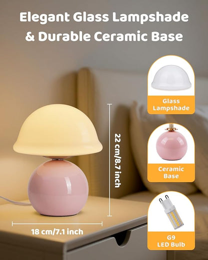 Mushroom Table Lamp for Bedroom, Cozy Bedside Lamp with Glass Shade, Stepless Dimmable Nightstand Lamp for Relaxing Bedroom Decor & Aesthetic Home (Pink)