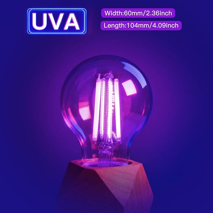 6 Pack E26 A19 Filament LED Black Light Bulbs, 9W Blacklight Bulb, 100W Equivalent, Black Light Bulb Glow in Dark Party Fluorescent Posters Decor Display