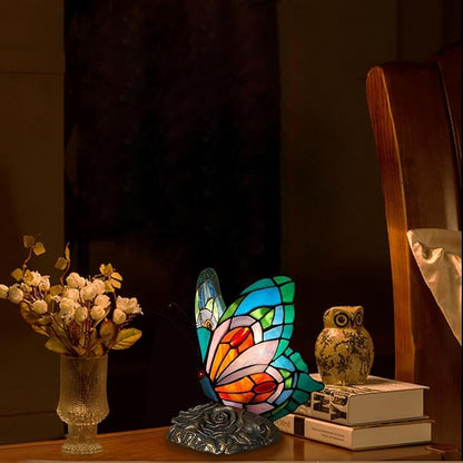 Bedside Table Lamp LED Tiffany Blue Fairy Butterfly Nightstand Table Lamps Stained Glass Shade ON Off Switch Home Office Desk Lamp Night Light Girl Grandma Mothers Day Gifts W/Gift Box