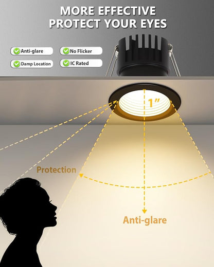 Adetu 2 Inch 5CCT Black Anti-Glare LED Downlight with Junction Box, 2700K/3000K/4000K/5000K Selectable, CRI90+, 8W COB, 840LM, IP65 Waterproof, Dimmable-ETL and Energy Star Certified (Black,1 Pack)