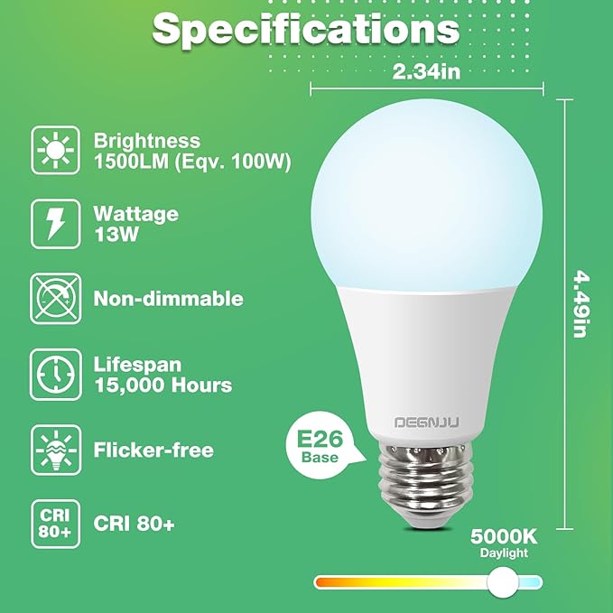 A19 LED Light Bulbs, 100 Watt Equivalent LED Bulbs, Daylight 5000K, 1500 Lumens, E26 Standard Base, Non-Dimmable, 13W Bright White LED Bulbs for Bedroom Living Room Home Office, 3 Pack