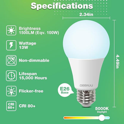 LED Light Bulbs Daylight 5000K, 100 Watt Equivalent LED Bulbs, A19 Standard Bulbs, 1500 LM, 15000 Hours, E26 Base, Non-Dimmable, 13W LED Bulbs for Bedroom Living Room 36 Pack
