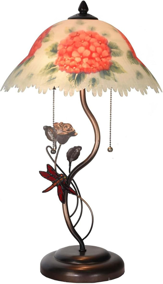 Bieye L10888 Hydrangea Hand-Painted Glass Table Lamp with Dragonfly Flower Lamp Base for Home Decor (Red)