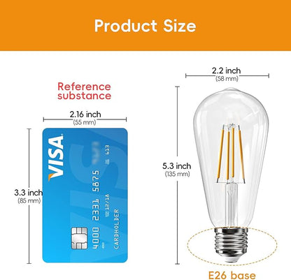 Jensense Edison LED Light Bulbs 8Watt Dimmable, 2700K Warm White, E26 Base, 60watt Equivalent, Vintage Bulbs 800lm CRI 90 Clear Glass, 64 Pack