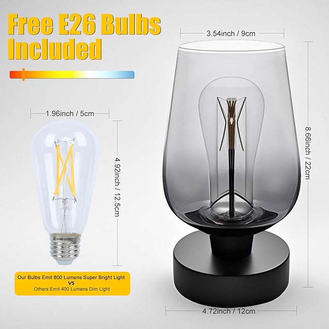 INVGOOD 3 Way Dimmable Touch Bedside Table Lamp, Black Glass Small Desk Lamp with Three Charging Ports for Bedroom Living Room Nightstand, 800LM LED Warm White Bulb Included