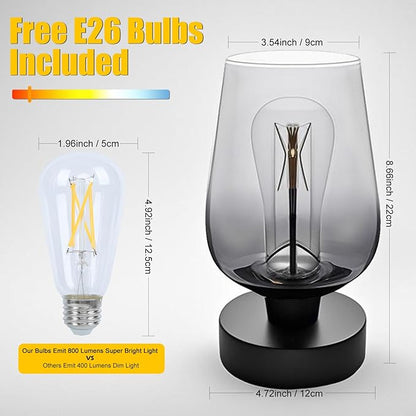 INVGOOD 3 Way Dimmable Touch Bedside Table Lamp, Black Glass Small Desk Lamp with Three Charging Ports for Bedroom Living Room Nightstand, 800LM LED Warm White Bulb Included