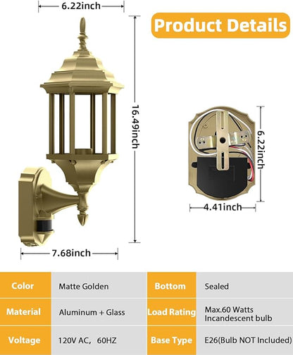 Redluck Motion Sensor Outdoor Lights, 16 inch Dusk to Dawn Outside Porch Lights, Waterproof Anti-Rust Aluminum Outdoor Wall Lights Exterior Lighting Fixtures for House, Garage, Front Door, Gold