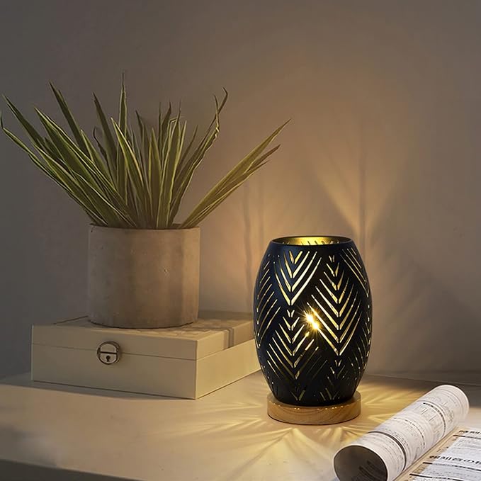 OuXean Bedside Table Lamp, Small Night Light Metal Lampshade and Wood Base, E12 40W Desk Lamp for Bedroom Living Room Home Decor Office Restaurant Bar, Black(Without Bulb)