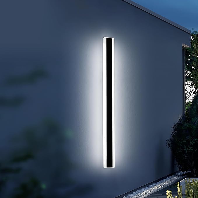 57inch Exterior Wall Light Fixture, 6000K Cold White, Modern Long Outdoor Wall Sconce, IP65 Waterproof, 50W, Black Minimalist Outside LED Strip Lights for Garage, Patio, Balcony, Fence