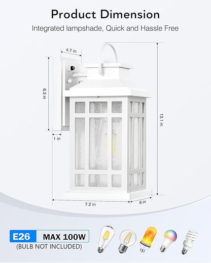 White Dusk to Dawn Outdoor Lighting 2-Pack, Outside Wall Lights with Seed Glass, Outdoor Light for House, Garage, Garden, Entryway, Doorway, 100% Aluminum Waterproof and Anti-Rust, E26 Socket