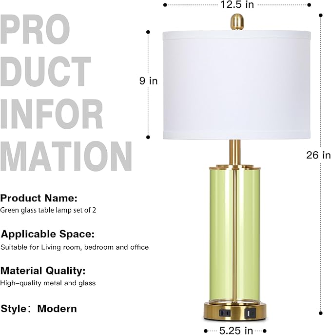 26" Green Glass Table Lamps for Bedside, Modern Living Room Lamps Set of 2, Elegant Coastal Bedroom Lamp with USB A+C Ports & AC Outlet, 3-Way Dimmable Touch Lamp for Nightstand Dining Table