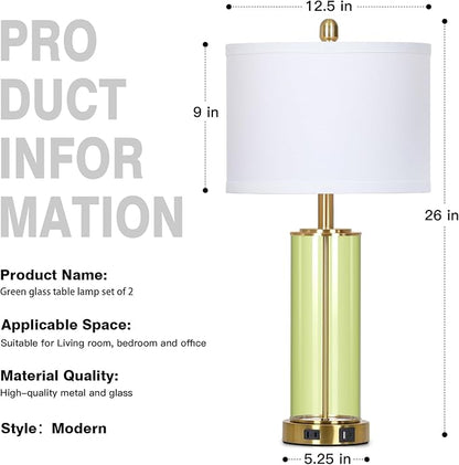 26" Green Glass Table Lamps for Bedside, Modern Living Room Lamps Set of 2, Elegant Coastal Bedroom Lamp with USB A+C Ports & AC Outlet, 3-Way Dimmable Touch Lamp for Nightstand Dining Table