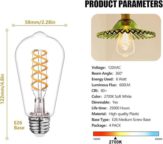 E26 Base Spiral LED Bulb, Soft White 2700K, ST58/ST19 Antique LED Filament Bulbs with 80+ CRI, 600 LM, 6W Equivalent to 60W, Antique Plastic Style for Home, Bedroom, Office, Farmhouse,4 PCS